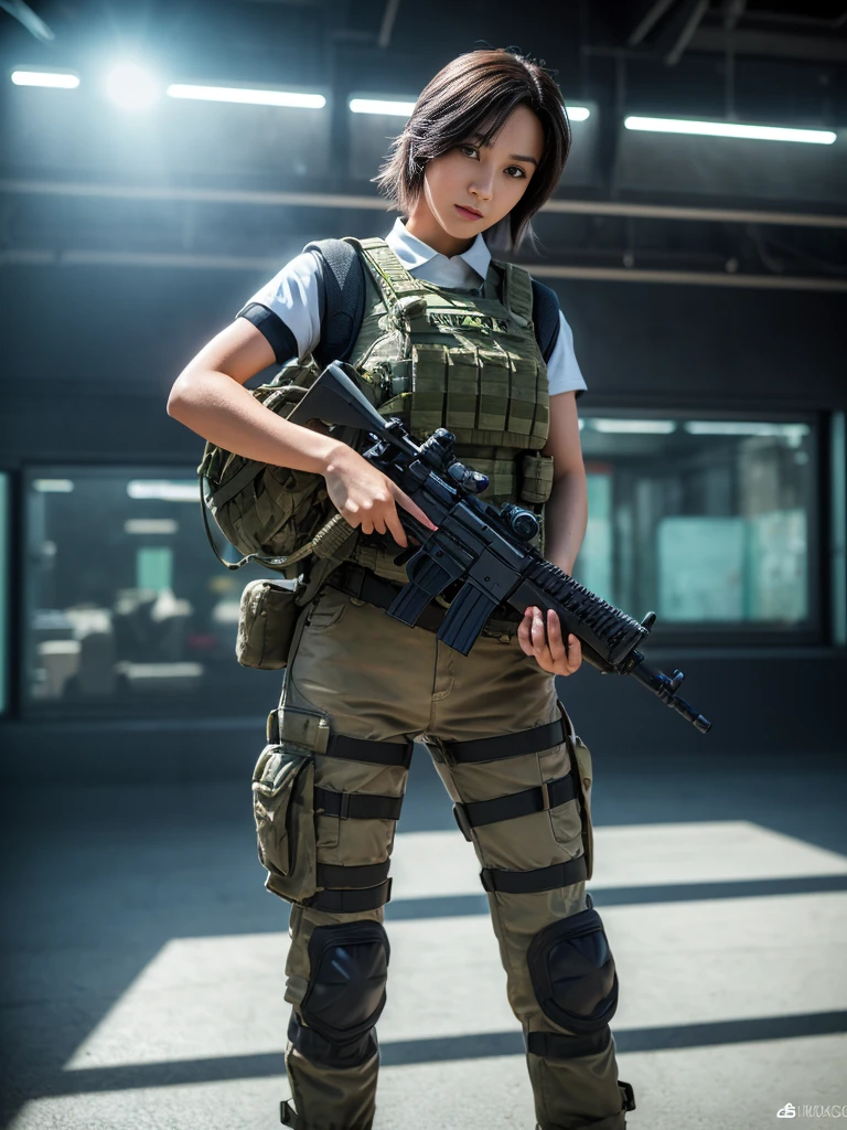 ((best qualityer)), ((Masterpiece artwork)), (high détail: 1.3), ....3d, Machine gun in hand, beautiful special forces shooting (cyberpunk:1.2), Robort, woman with thick voluminous hair in (em camouflage_'s uniform:1.1), bullet proof vest, raincoat, Digital (cloathing: 1.3), HDR (high dynamic range), ray tracing, nvidia RTX, ultra-highresolution, Unreal 5, sub-surface Scattering, PBR Texturing, Post-processing, anisotropic filtering, Depth of field, Maximum clarity and sharpness, Multilayer textures, Albedo and reflection maps, surface shading, accurate simulation of the interaction of light and material, ideal proportions, octane rendering, two-color lighting, Wide aperture, Low ISO, White balance, rule of thirds, 8K BRUT, effective subpixel, subpixel convolution,