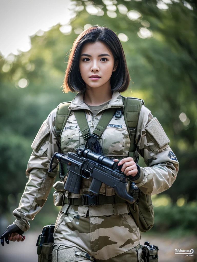 ((best qualityer)), ((Masterpiece artwork)), (high détail: 1.3), ....3d, Machine gun in hand, beautiful special forces shooting (cyberpunk:1.2), Robort, woman with thick voluminous hair in (em camouflage_'s uniform:1.1), bullet proof vest, raincoat, Digital (cloathing: 1.3), HDR (high dynamic range), ray tracing, nvidia RTX, ultra-highresolution, Unreal 5, sub-surface Scattering, PBR Texturing, Post-processing, anisotropic filtering, Depth of field, Maximum clarity and sharpness, Multilayer textures, Albedo and reflection maps, surface shading, accurate simulation of the interaction of light and material, ideal proportions, octane rendering, two-color lighting, Wide aperture, Low ISO, White balance, rule of thirds, 8K BRUT, effective subpixel, subpixel convolution,
