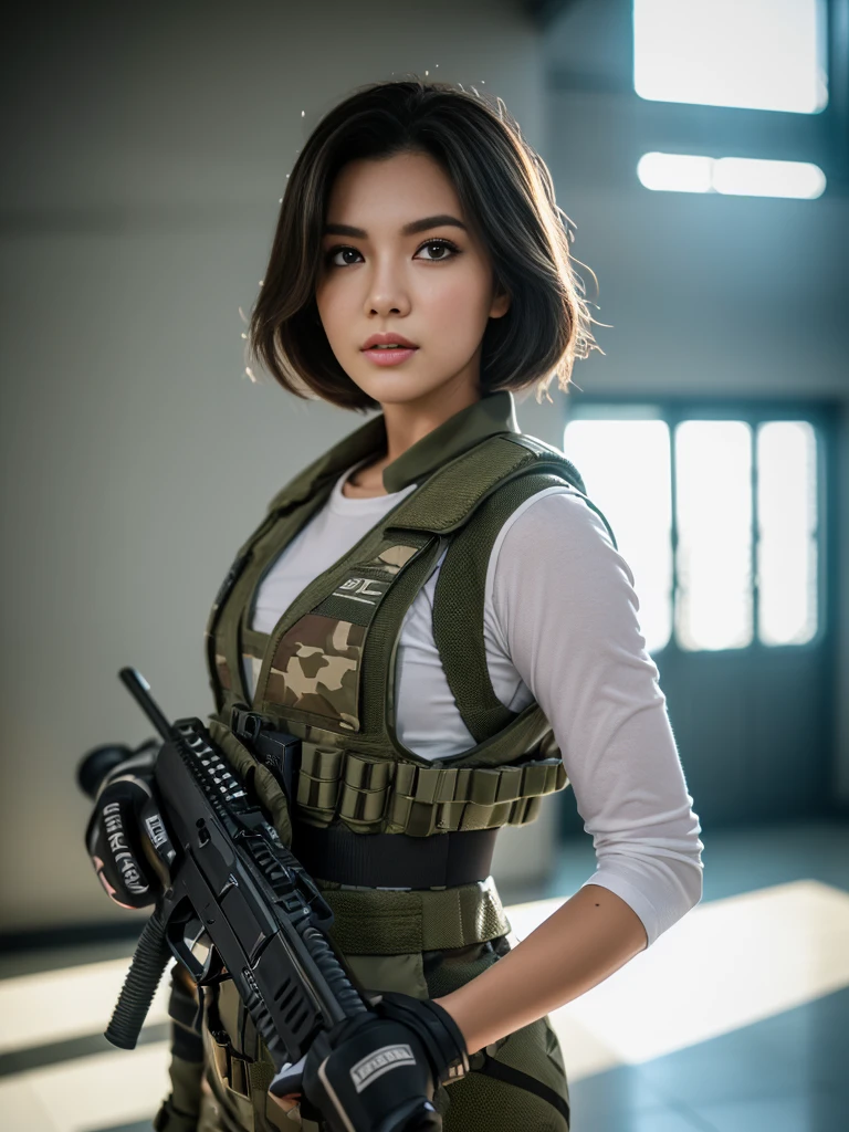 ((best qualityer)), ((Masterpiece artwork)), (high détail: 1.3), ....3d, Machine gun in hand, beautiful special forces shooting (cyberpunk:1.2), Robort, woman with thick voluminous hair in (em camouflage_'s uniform:1.1), bullet proof vest, raincoat, Digital (cloathing: 1.3), HDR (high dynamic range), ray tracing, nvidia RTX, ultra-highresolution, Unreal 5, sub-surface Scattering, PBR Texturing, Post-processing, anisotropic filtering, Depth of field, Maximum clarity and sharpness, Multilayer textures, Albedo and reflection maps, surface shading, accurate simulation of the interaction of light and material, ideal proportions, octane rendering, two-color lighting, Wide aperture, Low ISO, White balance, rule of thirds, 8K BRUT, effective subpixel, subpixel convolution,