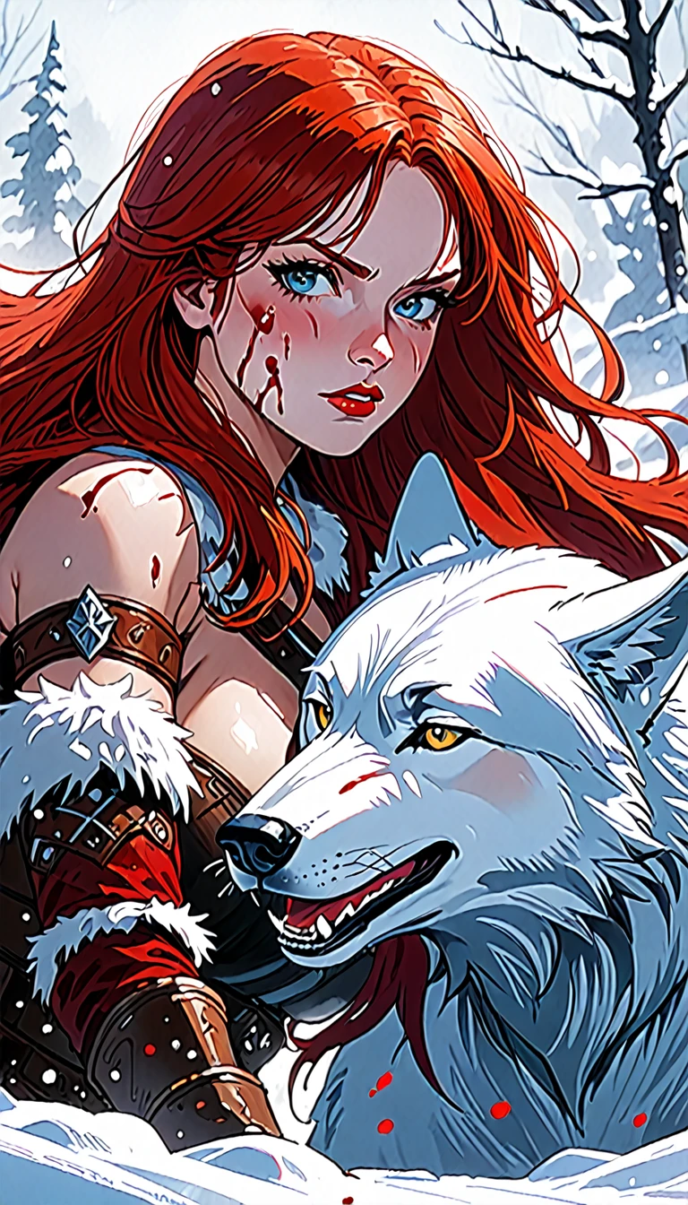 A fierce redhead warrior, Red Sonja, with her companion a huge giant wolf in a snowy landscape, blood stains on the pristine white snow , ultra detailed,,vivid colors,bokeh,portraits,concept art,dramatic lighting,cold tones,snow, ice, winter, art inspired by Bill Sienkiewicz