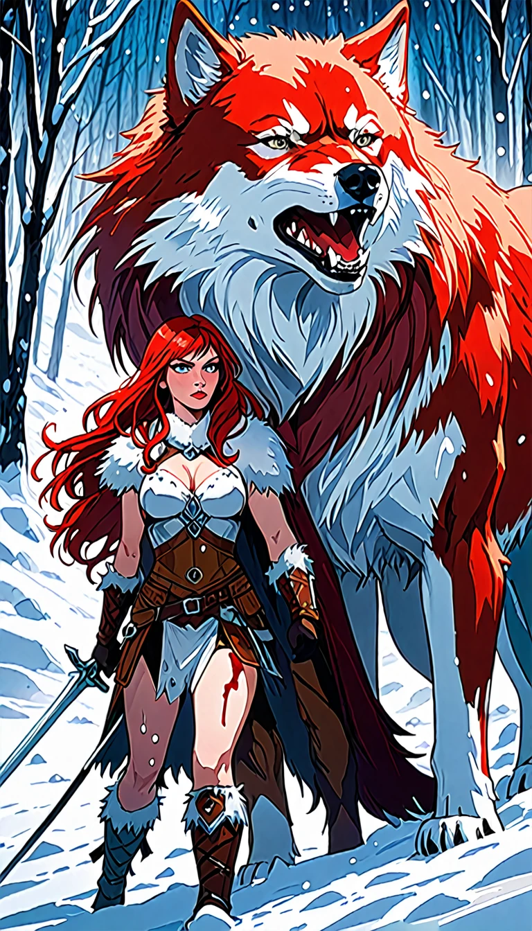 A fierce redhead warrior, Red Sonja, with her companion a huge giant wolf in a snowy landscape, blood stains on the pristine white snow , ultra detailed,,vivid colors,bokeh,portraits,concept art,dramatic lighting,cold tones,snow, ice, winter, art inspired by Bill Sienkiewicz