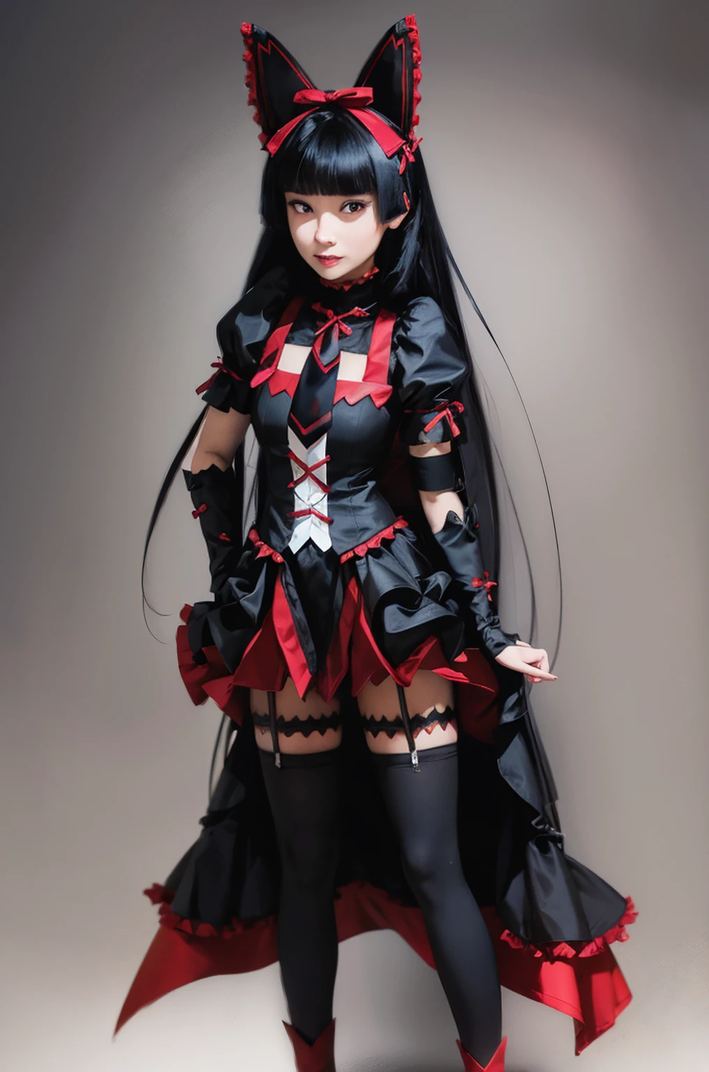 (masterpiece, best quality), rory_mercury, gothic fashion, gothic, black thighhighs, garter straps, dress, (Realistic painting style:0.9), masterpiece, best quality, absurdres, looking at viewer, no pupils,(detailed eyes), (detailed face), perfect face, smile , standing