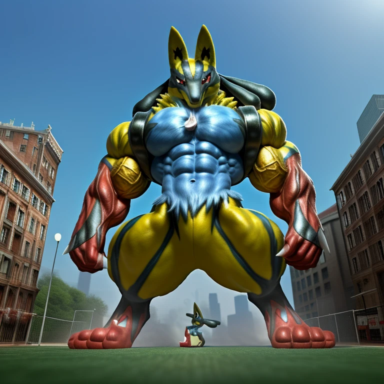 (masterpiece. official art. 8k. best quality. detailed full body. full body.)

(situation 1 : dominating shiny_mega_lucario. focus GIANT mechanical Muscular shiny_mega_lucario is trampling the CITY. macro. stomp. Low-angle perspective. emphasizing the immense size. The perspective is from below, emphasizing the sheer majesty and power of the Giant. giant art. He is much bigger than a skyscraper. Giga Giants. micro soccer field. looking down.)

(situation 2 :smoke and flames rising from the destruction in the city)

(Additional details 2: (Detailed head. Detailed Body. Detailed abs. gigantic muscles. HYPER MUSCLES. Gigachad Muscular. big muscle. pecs. triceps. traps. unusually developed muscular body. body full of huge muscles. showing off muscles. pectorales enormes. Exaggeratedly huge muscles. huge muscles. long legs.).
