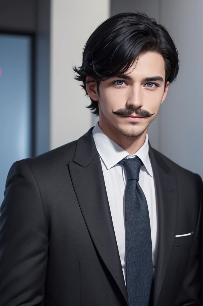25-year-old male, Caucasian skin, black hair parted on the right side with a small fringe. greyish blue eyes, has a mustache and a small smile. Wear a black suit with a black overcoat over it.