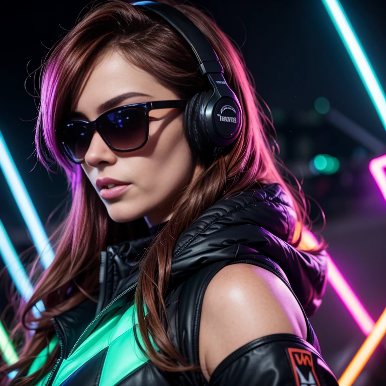 One ultra hot European gorgeous woman, age 23, auburn wavy hair. (sunglasses), full size headphones, dark New Year's outside rave party,DJ working at DJ booth, in a snowy village.neon cyberpunk at night, coordinator neon glow, ultra-detailed, photo-realistic:1.37), portraits, (vivid colors), rave lighting, energetic, enthusiastic, excited, expressive. Winter starry night. Masterpiece. Northern lights, laser light