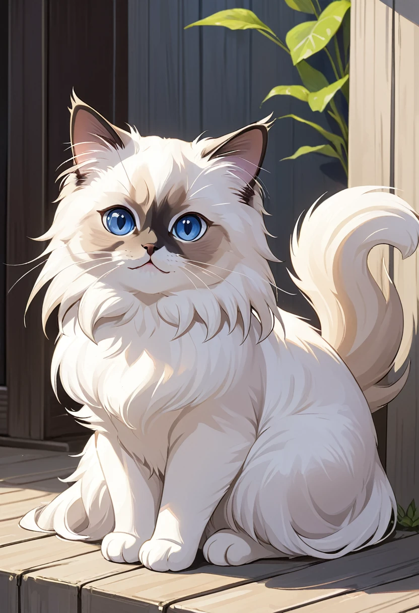 In the style of TOK, cute cat, Birman cat, looking at the viewer, sitting, smiling