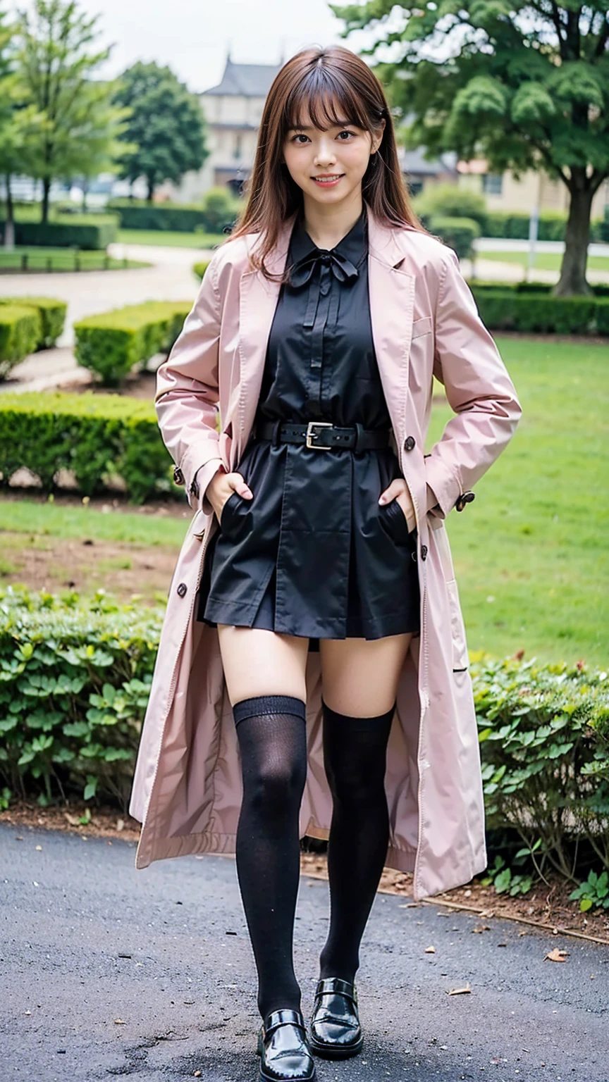 (8K、RAW Photos、Highest quality、masterpiece:1.2)、(Realistic、Realistic)、1 Girl、((Pink Coat、smile、Black mini dress、whole body、Knee socks、loafers、garden、chest emphasis、whole body、View from the front、Ribbon on chest、Looking into the camera、belt、Stand with hands on hips))、