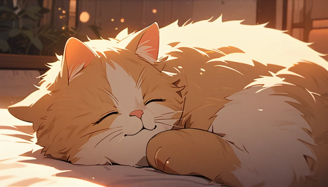 Cat sleeping, cozy setting, soft lighting, detailed fur, peaceful expression, serene atmosphere, indoors, warm colors, close-up shot,