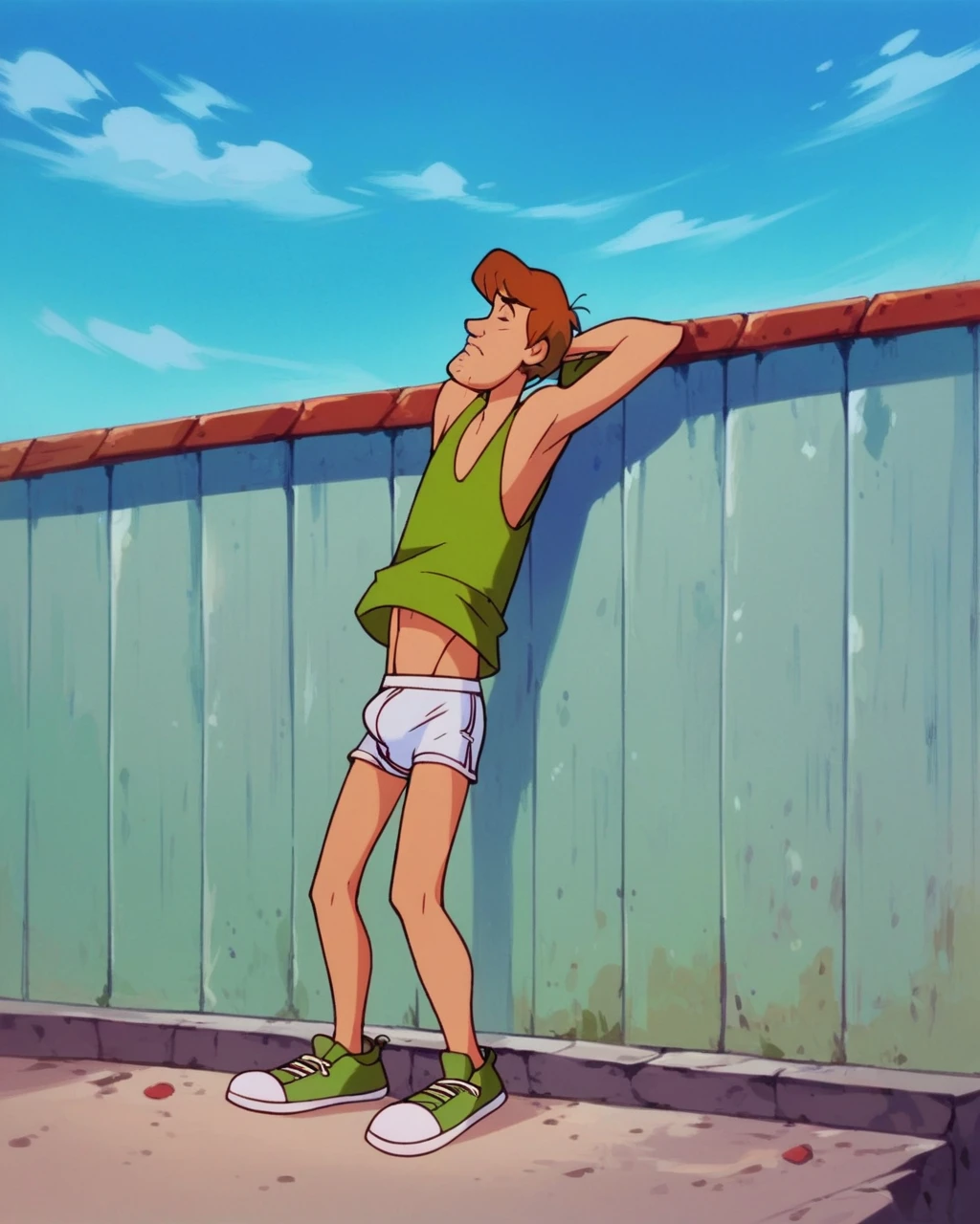 shaggy rogers, tank top, outside, standing, legs together, long penis, eyes  closed, , blue sky,  shoes, no clone, solo, putting on briefs, white colored briefs