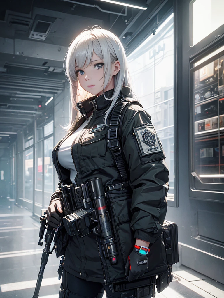 ((best qualityer)), ((Masterpiece artwork)), (high détail: 1.3), ....3d, Machine gun in hand, beautiful special forces shooting (cyberpunk:1.2), Robort, woman with thick voluminous hair in (em camouflage_'s uniform:1.1), bullet proof vest, raincoat, Digital (cloathing: 1.3), HDR (high dynamic range), ray tracing, nvidia RTX, ultra-highresolution, Unreal 5, sub-surface Scattering, PBR Texturing, Post-processing, anisotropic filtering, Depth of field, Maximum clarity and sharpness, Multilayer textures, Albedo and reflection maps, surface shading, accurate simulation of the interaction of light and material, ideal proportions, octane rendering, two-color lighting, Wide aperture, Low ISO, White balance, rule of thirds, 8K BRUT, effective subpixel, subpixel convolution,