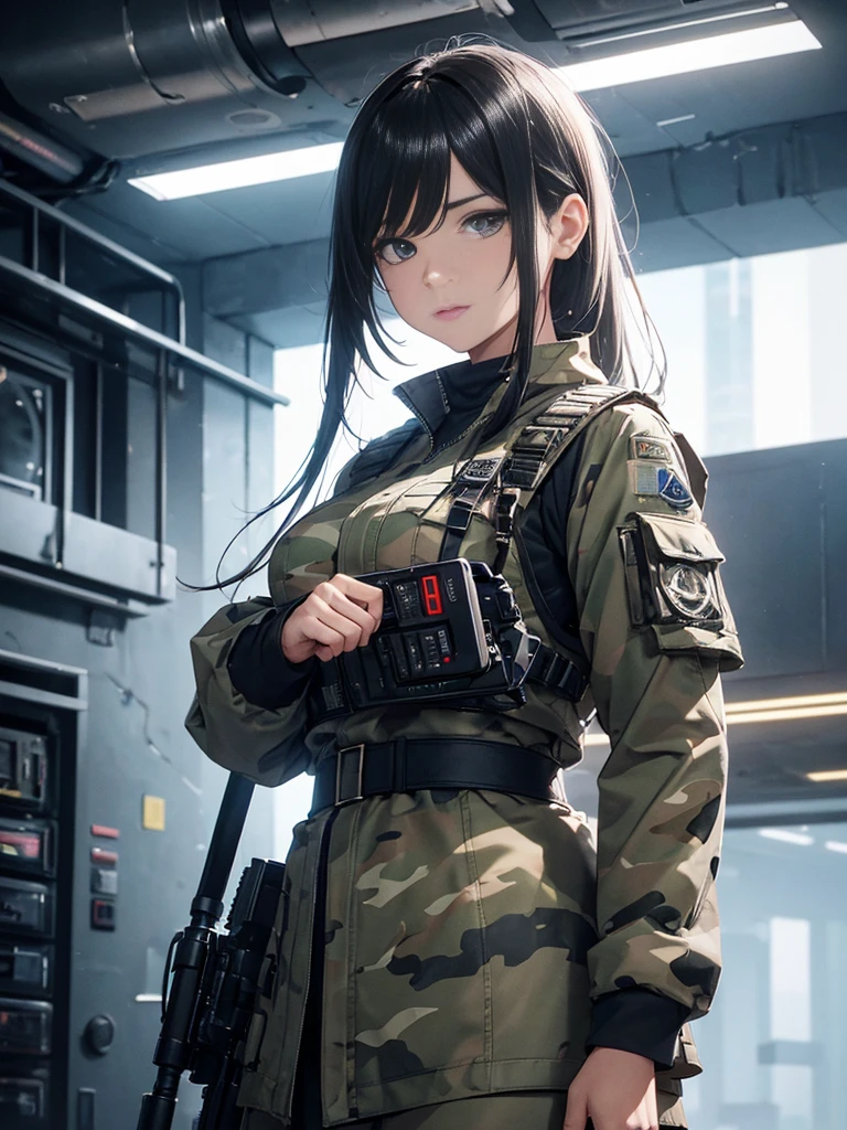 ((best qualityer)), ((Masterpiece artwork)), (high détail: 1.3), ....3d, Machine gun in hand, beautiful special forces shooting (cyberpunk:1.2), Robort, woman with thick voluminous hair in (em camouflage_'s uniform:1.1), bullet proof vest, raincoat, Digital (cloathing: 1.3), HDR (high dynamic range), ray tracing, nvidia RTX, ultra-highresolution, Unreal 5, sub-surface Scattering, PBR Texturing, Post-processing, anisotropic filtering, Depth of field, Maximum clarity and sharpness,  Multilayer textures, Albedo and reflection maps, surface shading, accurate simulation of the interaction of light and material, ideal proportions, octane rendering, two-color lighting, Wide aperture, Low ISO, White balance, rule of thirds, 8K BRUT, effective subpixel, subpixel convolution,