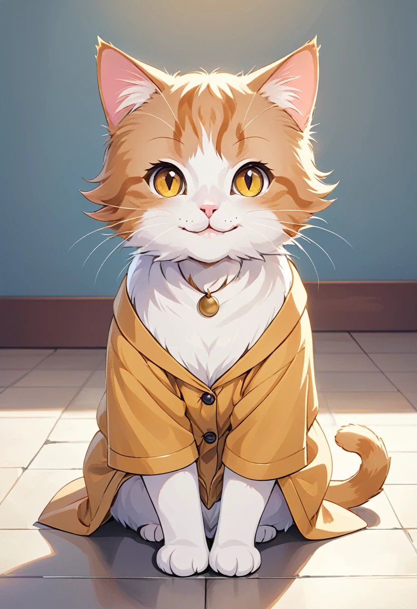 In the style of TOK, cute cat, smiling, looking at the viewer, sitting