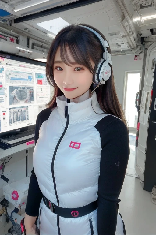masterpiece, Highest quality, Very detailed, 8K Portrait,Japanese Android Girl,plump , Control panel,Robotic arms and legs, Blunt bangs,,break (Metallic Gray, Metallic luster, Mirror finish, Astro Best):5,headphone:5,break (Black sleeves):100,Smart Watches,Futuristic space station,Control Room,break headphone,blue eyes,(Black Hair):2,(Long Hair):1.3,Displaying the viewer,(respirator),break blush:3,Hidden Hand,smile