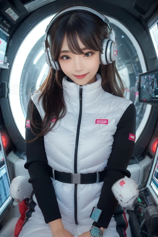 masterpiece, Highest quality, Very detailed, 8K Portrait,Japanese Android Girl,plump , Control panel,Robotic arms and legs, Blunt bangs,,break (Metallic Gray, Metallic luster, Mirror finish, Astro Best):5,headphone:5,break (Black sleeves):100,Smart Watches,Futuristic space station,Control Room,break headphone,blue eyes,(Black Hair):2,(Long Hair):1.3,Displaying the viewer,(respirator),break blush:3,Hidden Hand,smile