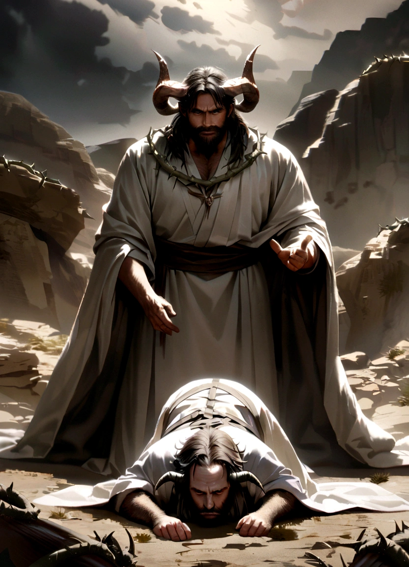 create a realistic image of a bearded man with a wreath of thorns on his head who has devil's horns, the man has a demonic look and is kneeling, his clothing is a white robe, around him stand 12 biblical apostles