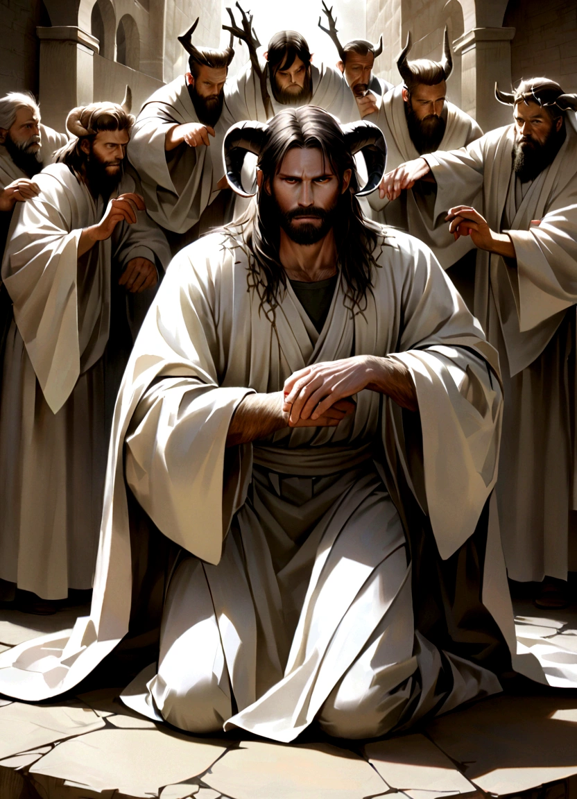 create a realistic image of a bearded man with a wreath of thorns on his head who has devil's horns, the man has a demonic look and is kneeling, his clothing is a white robe, around him stand 12 biblical apostles