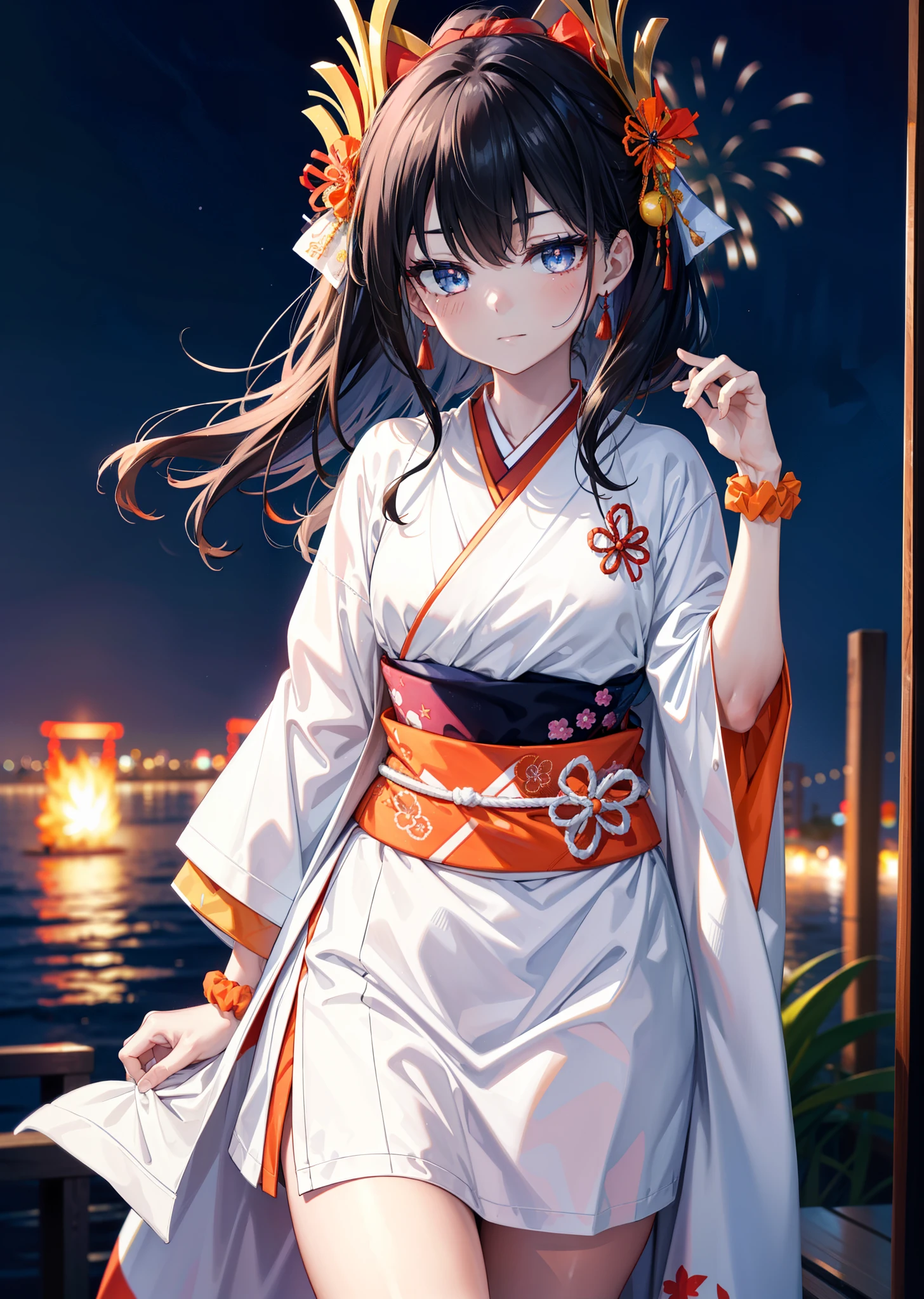 Takada Rokka, Black Hair, blue eyes, Long Hair, orange Scrunchie, Scrunchie, wrist Scrunchie, single hair band,White Kimono,Thick sleeves,Long skirt,日本のfestival,夏festivalの屋台,Red lantern,happy smile, smile, Open your mouth,Fireworks,The place is a fireworks display、Time is night,Walking,So that the whole body goes into the illustration,
break outdoors, festival,
break looking at viewer,Upper Body,(Cowboy Shot:1. 5),
break (masterpiece:1.2), Highest quality, High resolution, unity 8k wallpaper, (shape:0.8), (Fine and beautiful eyes:1.6), Highly detailed face, Perfect lighting, Highly detailed CG, (Perfect hands, Perfect Anatomy),