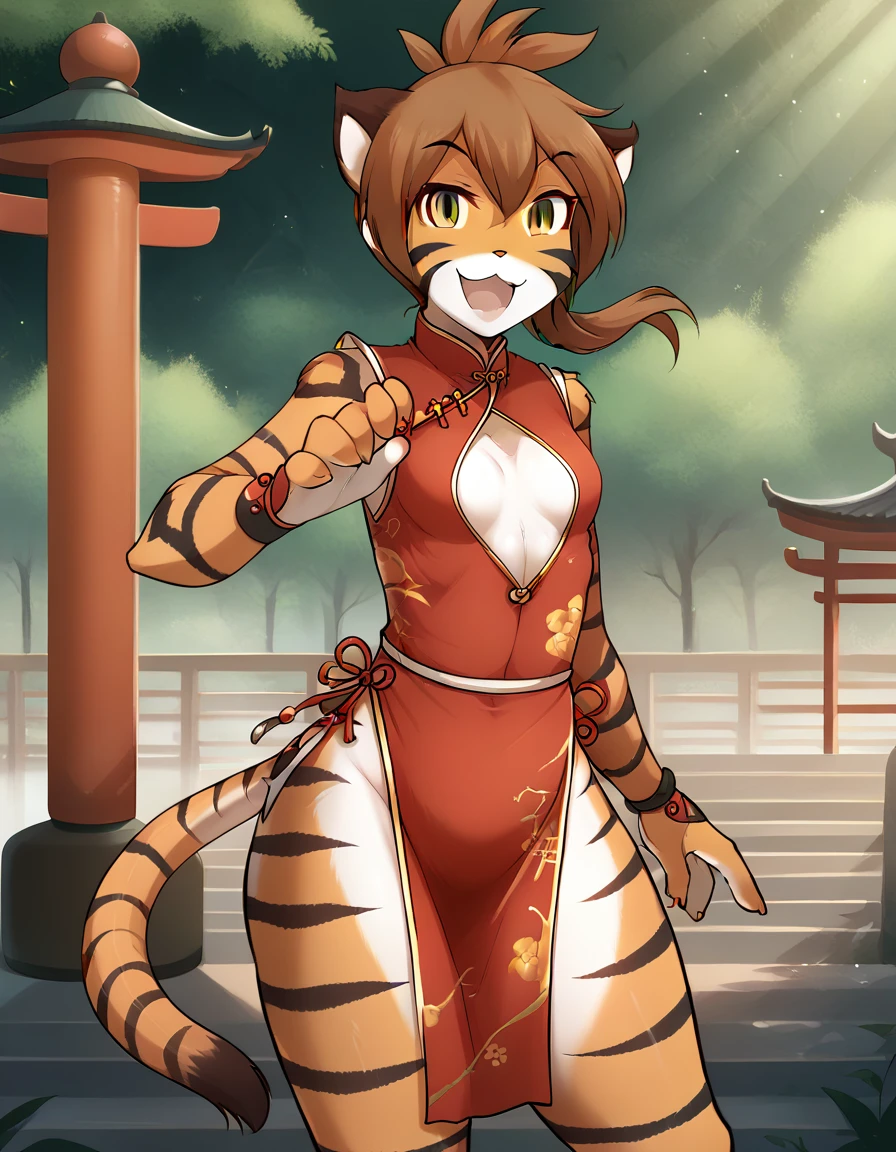 score_9, score_8_up, score_7_up, score_6_up, score_5_up, score_4_up, rating_explicit, source_furry, female, cute anthro female, cute face, detailed background, looking at viewer, solo, solo focus, (no nipples, no vagina:1.2), (digital pen line-art, soft lines, soft shading, pinup, cartoon, anime:1.4), tkflora,tiger, striped fur, tiger tail, open smile, (short red Qipao:1.4), tiger tail, looking at viewer, legs, outside, martial artist, happy, legs, tied hair, (short pelvic curtain, clothing cutout, small breasts:1.4), ponytail, (thick thighs:1.4)