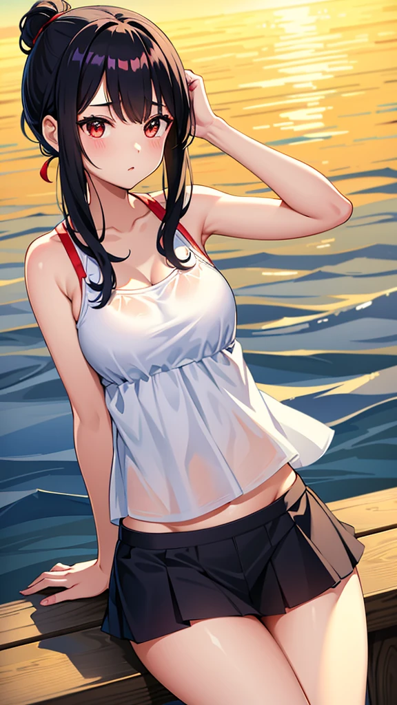 Black-haired girl with her hair tied back、summerの浴衣、White and red、cool off、cool breeze、summer、