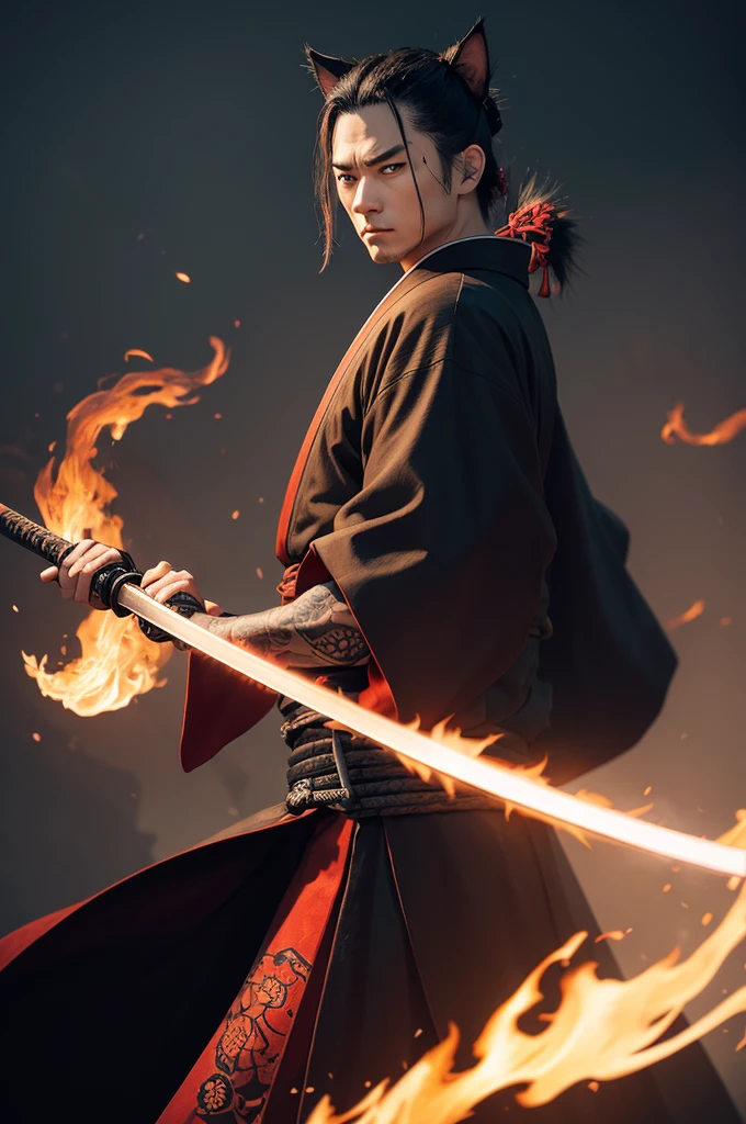 cat samurai human holding a flame katana, kimono, yakuza tattoo, baddas, anime style, elder ring, sekiro. 