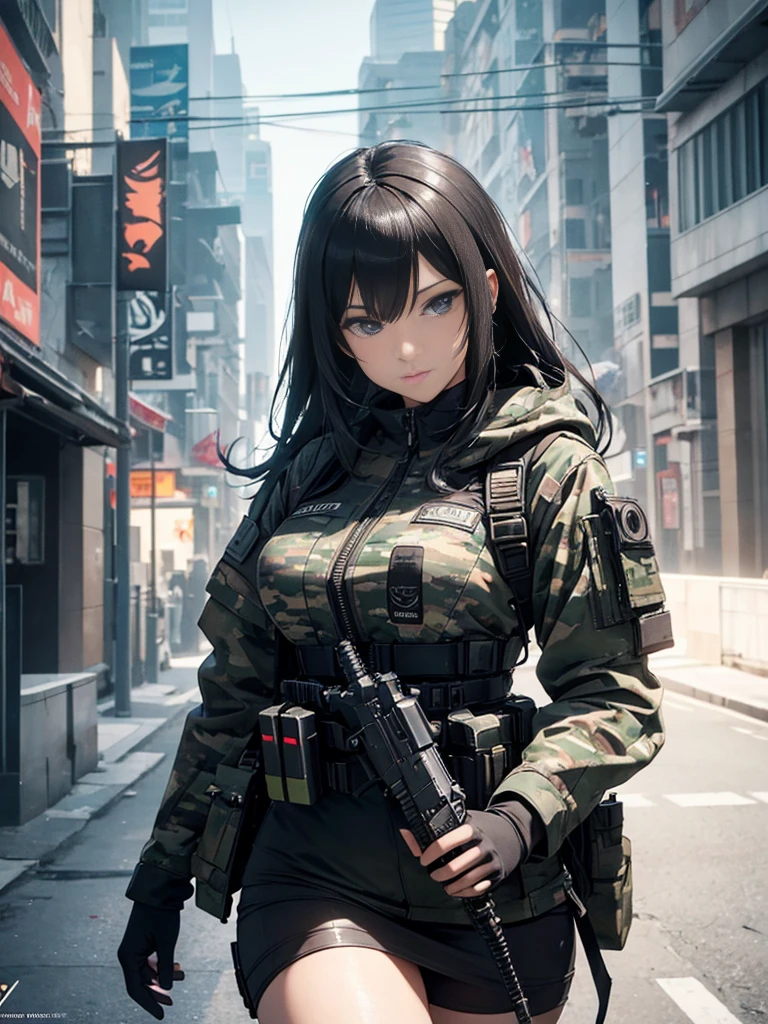 ((best qualityer)), ((Masterpiece artwork)), (high détail: 1.3), ....3d, Machine gun in hand, beautiful special forces shooting (cyberpunk:1.2), Robort, woman with thick voluminous hair in (em camouflage_'s uniform:1.1), bullet proof vest, raincoat, Digital (cloathing: 1.3), HDR (high dynamic range), ray tracing, nvidia RTX, ultra-highresolution, Unreal 5, sub-surface Scattering, PBR Texturing, Post-processing, anisotropic filtering, Depth of field, Maximum clarity and sharpness, Multilayer textures, Albedo and reflection maps, surface shading, accurate simulation of the interaction of light and material, ideal proportions, octane rendering, two-color lighting, Wide aperture, Low ISO, White balance, rule of thirds, 8K BRUT, effective subpixel, subpixel convolution,