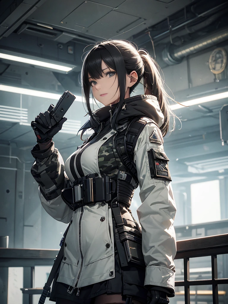 ((best qualityer)), ((Masterpiece artwork)), (high détail: 1.3), ....3d, Machine gun in hand, beautiful special forces shooting (cyberpunk:1.2), Robort, woman with thick voluminous hair in (em camouflage_'s uniform:1.1), bullet proof vest, raincoat, Digital (cloathing: 1.3), HDR (high dynamic range), ray tracing, nvidia RTX, ultra-highresolution, Unreal 5, sub-surface Scattering, PBR Texturing, Post-processing, anisotropic filtering, Depth of field, Maximum clarity and sharpness, Multilayer textures, Albedo and reflection maps, surface shading, accurate simulation of the interaction of light and material, ideal proportions, octane rendering, two-color lighting, Wide aperture, Low ISO, White balance, rule of thirds, 8K BRUT, effective subpixel, subpixel convolution,