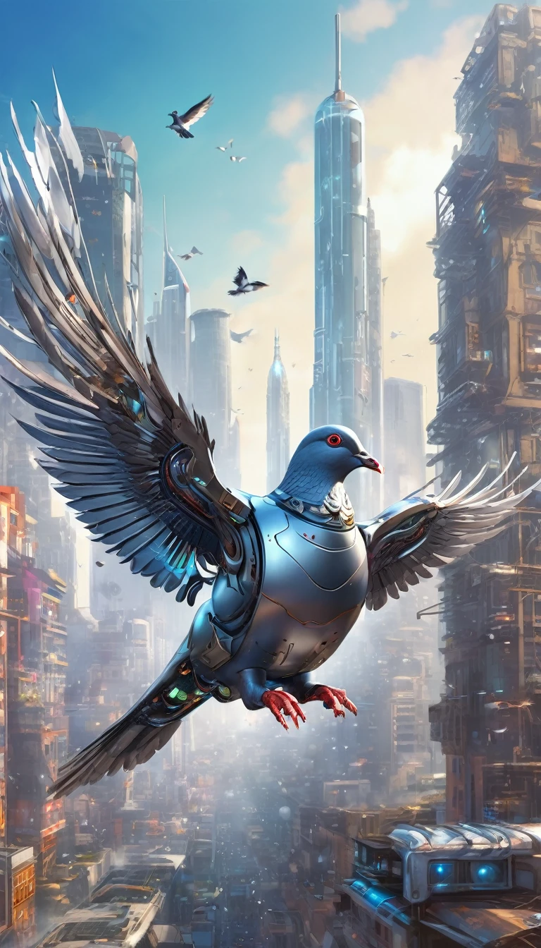 Jet-powered pigeons、Flying Metal Mechanical Pigeon，Futuristic Metal Pigeon，Mechanical pigeon，The pigeon is made entirely of small metal parts.，Exquisite Mechanical Wings,Metal feathers,Precise and intricate design,Ultra-fine texture,Polished steel body,Futuristic city background，Beautiful sci-fi art, Sci-fi digital art illustration, Digital Cyberpunk Art, Science Fiction Digital Painting, Futuristic Digital Painting, Futuristic concept art, In front of a SF cityscape, science fiction digital art, 高度なDigital Cyberpunk Art, Awesome Cyberpunk Dove