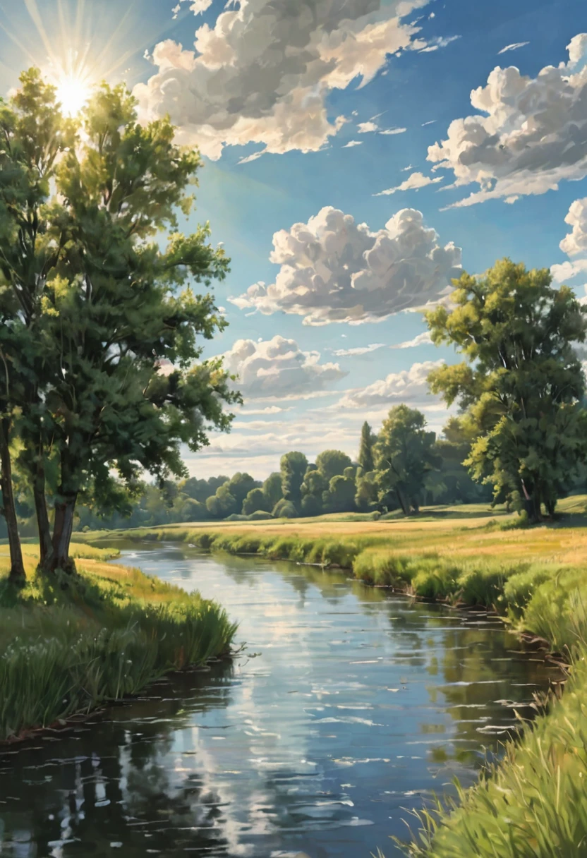 Background painting, summer countryside, grass and trees, waterways, summer sky and incoming clouds, clear contrast between sun and shadow, 8KHDR