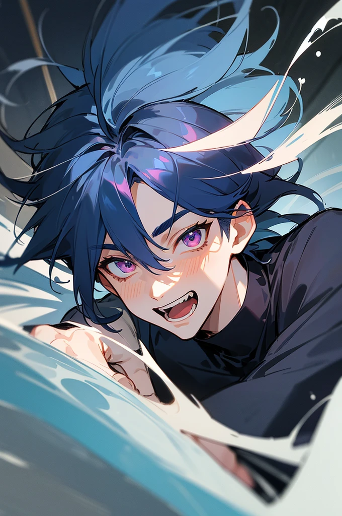 Ultra Detail,Haig Quality,sketch,1boy,matured male,Beautiful face,(Navy blue hair,Outer hair:1.3),Handsome men,Pearl skin,black tshirt,Moss Green Mod Court,Dynamic Angle,Japan Anime,Pink eyes,Laugh,Like a cat's eye,city,male in his 20s,