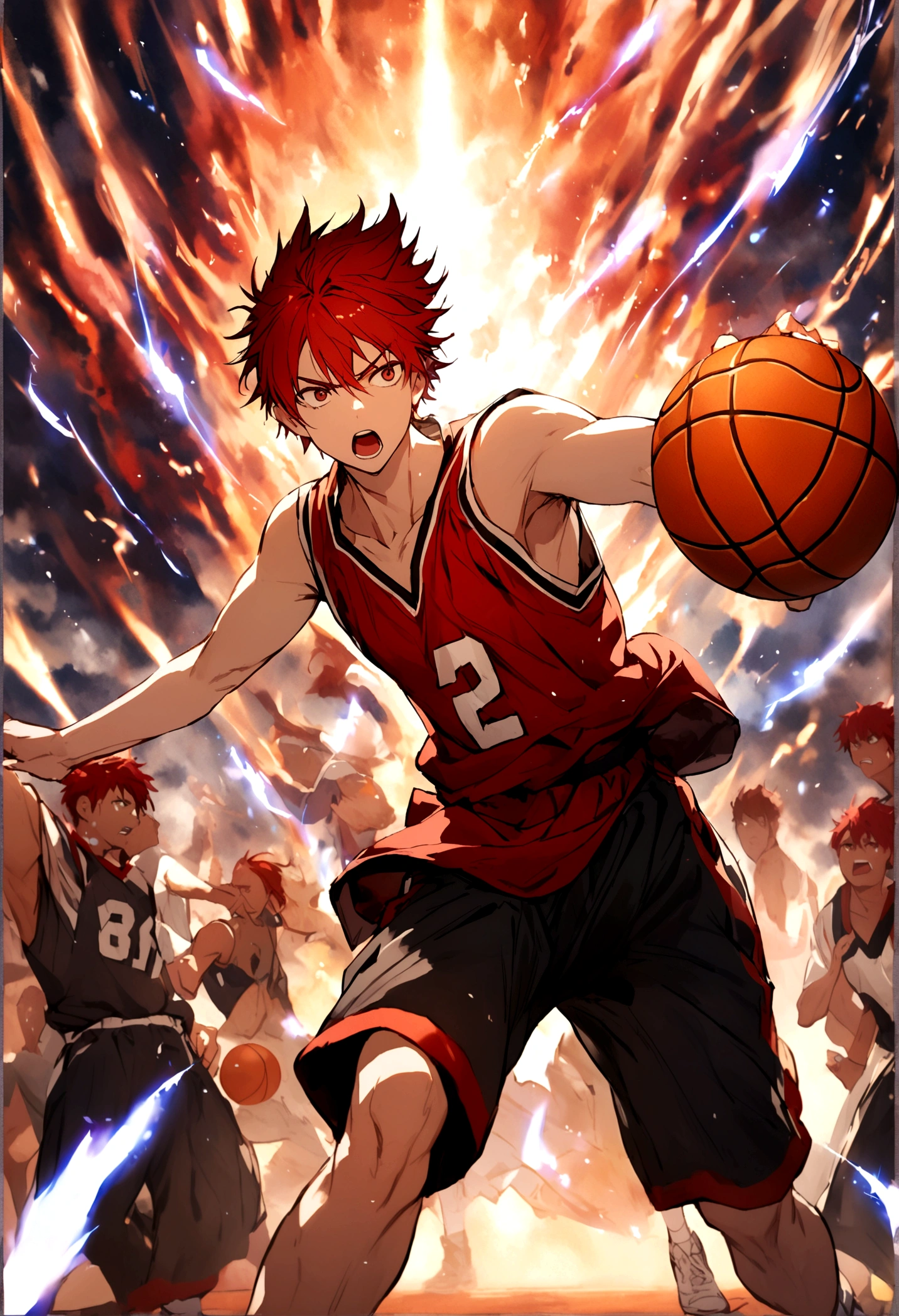 A red-haired boy playing basketball , with several blurred and tense extras