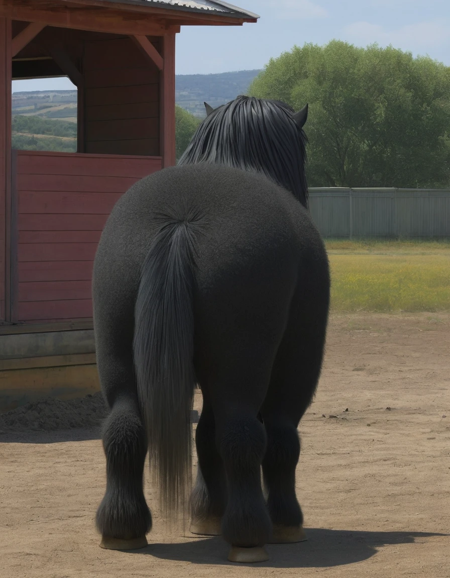 full rear view of a very huge fat very hairy (200) black(100) draft horse stallion with 2 big lumps of horse dung (50) dropping to the ground out of rectum at the centre of a big bum and sliding down legs. huge volume of light yellow urine pouring out f erect horse penis (20) flooding (800) the ground under horse. facing away from view point - towards horizon. open rectum and anus in full view tail to left side. yellow gas gas jetting out of bum. ((masterpiece)), ((best quality)), ((highres)), ((extremely detailed)), (( long distance back view)), (super realistic) . anatomically correct. open field. bright sunny sky. (head(1,10), body, legs, hooves,(2.5)). hairy horse. 5 very large piles of horse dung around back of horse(1,20).