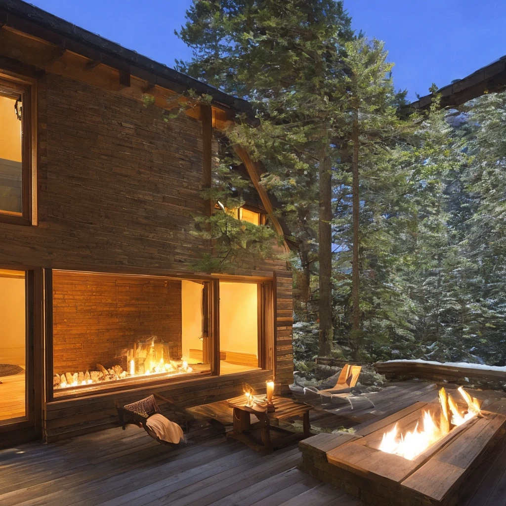 開放的なリビングから見るNight view、Aurora、fireplace、All the walls are glass、Night view