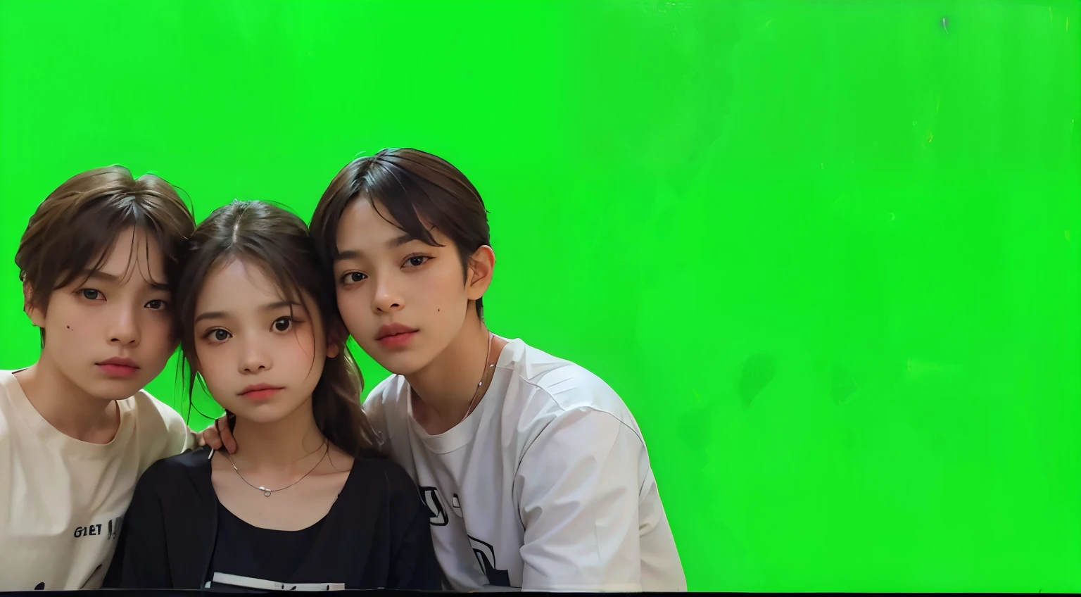 Three 12-year-olds pose for a selfie, with one person slightly distanced from the other two. The central figure wears a black blouse and has a neutral expression. The background features a blurred cityscape under a cloudy sky.