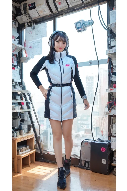 masterpiece, Highest quality, Very detailed, 8K Portrait,Japanese Android Girl,plump , Control panel,Robotic arms and legs, Blunt bangs,,break (Metallic Gray, Metallic luster, Mirror finish, Astro Best):5,headphone:5,break (Black sleeves):100,Smart Watches,Futuristic space station,Control Room,break headphone,blue eyes,(Black Hair):2,(Long Hair):1.3,Displaying the viewer,(respirator),break blush:3,Hidden Hand,smile
