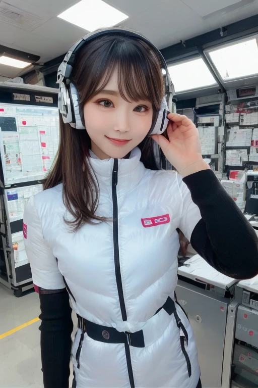 masterpiece, Highest quality, Very detailed, 8K Portrait,Japanese Android Girl,plump , Control panel,Robotic arms and legs, Blunt bangs,,break (Metallic Gray, Metallic luster, Mirror finish, Astro Best):5,headphone:5,break (Black sleeves):100,Smart Watches,Futuristic space station,Control Room,break headphone,blue eyes,(Black Hair):2,(Long Hair):1.3,Displaying the viewer,(respirator),break blush:3,Hidden Hand,smile