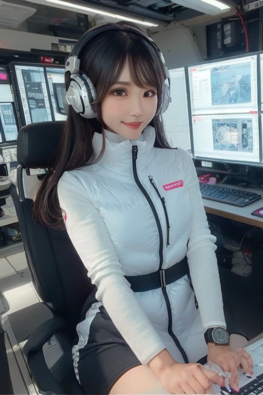 masterpiece, Highest quality, Very detailed, 8K Portrait,Japanese Android Girl,plump , Control panel,Robotic arms and legs, Blunt bangs,,break (Metallic Gray, Metallic luster, Mirror finish, Astro Best):5,headphone:5,break (Black sleeves):100,Smart Watches,Futuristic space station,Control Room,break headphone,blue eyes,(Black Hair):2,(Long Hair):1.3,Displaying the viewer,(respirator),break blush:3,Hidden Hand,smile
