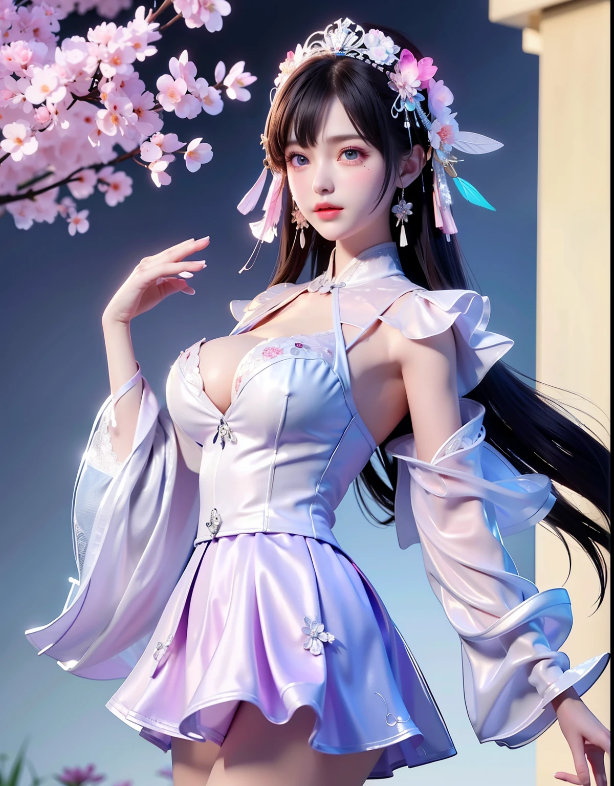 (8k, RAW photo:1.2), best quality, ultra high res,dramatic angle,(fluttered detailed color splashs), (illustration),(((1 girl))),(long hair),(rain:0.9), (Headdress:1.4),There is an ancient palace beside the girl,Hanfu,(Key Points),Color ink painting,(Splash of Color),Splash of Color,(((colorful))),(sketch:0.8) , Masterpiece, best quality, beautiful painted, highly detailed,(denoising:0.6),[splash ink],((ink refraction)), (beautiful detailed sky),moon,highly,detaild,(masterpiece, best quality, extremely detailed） CG Unity 8k Wallpaper，masterpiece，best quality，Ultra Detailed），（Lycoris）.shoulder ballet dress open V-chested clothes Thin silk lace dress short skirt , (huge ，cleavage),, white pink, blue ，best qualtiy，tmasterpiece，Ultra-high resolution，（Reality：1.4），RAW photogr，（True skin texture：1.3），（filmgrain：1.3），（Selfie angle），1个Giant Breast Girl，Beautiful eye and face details，tmasterpiece，Best quality at best，，The chest more exposed， detailed hair, bra pink purple , detail 8k, full body, lace petticoat, fan handle