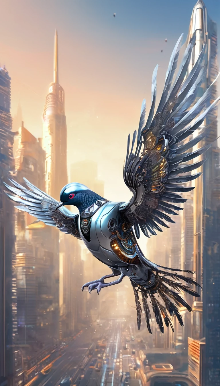 Jet-powered pigeons、Flying Metal Mechanical Pigeon,Futuristic Metal Pigeon,Mechanical pigeon,This pigeon is made entirely from small metal parts.,Exquisite Mechanical Wings,Metal feathers,Precise and intricate design,Very fine texture,Polished steel body,Future city background,Beautiful sci-fi art, Science Fiction Digital Art插画, Digital Cyberpunk Art, sci fi digital painting, Futuristic Digital, Futuristic concept art, In front of a SF cityscape, Science Fiction Digital Art, 先进的Digital Cyberpunk Art