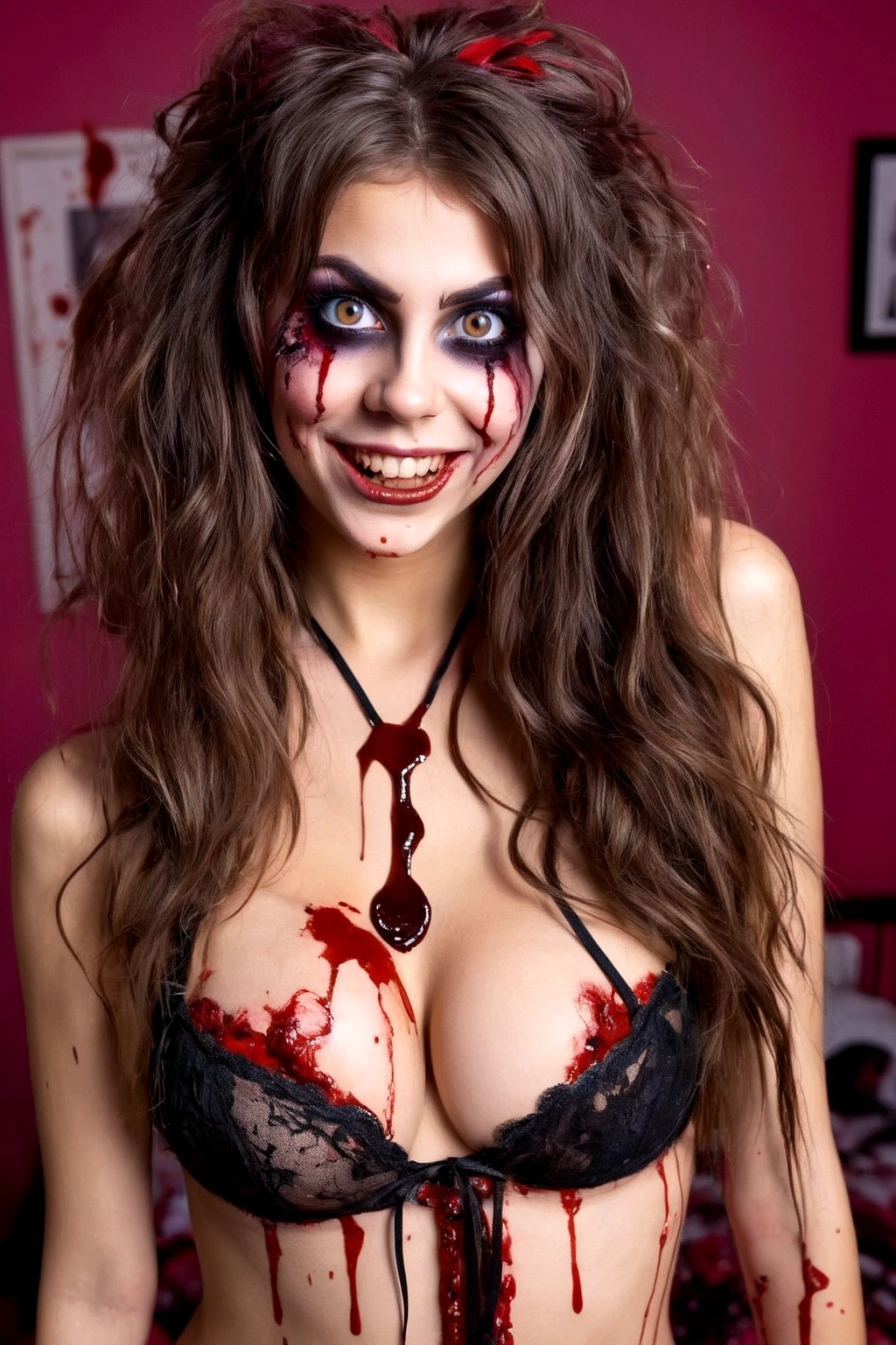  (age 25) a psychotic psyco ex girlfriend  (crazy makeup, long messy hair, strappy tattered lingerie, curved lips, smile teeth showing, vibrant enlarged pupils crazy eyes, eyelids fully opened, blood spattered bedroom, blood splattered over body, bood splattered on lingerie, 