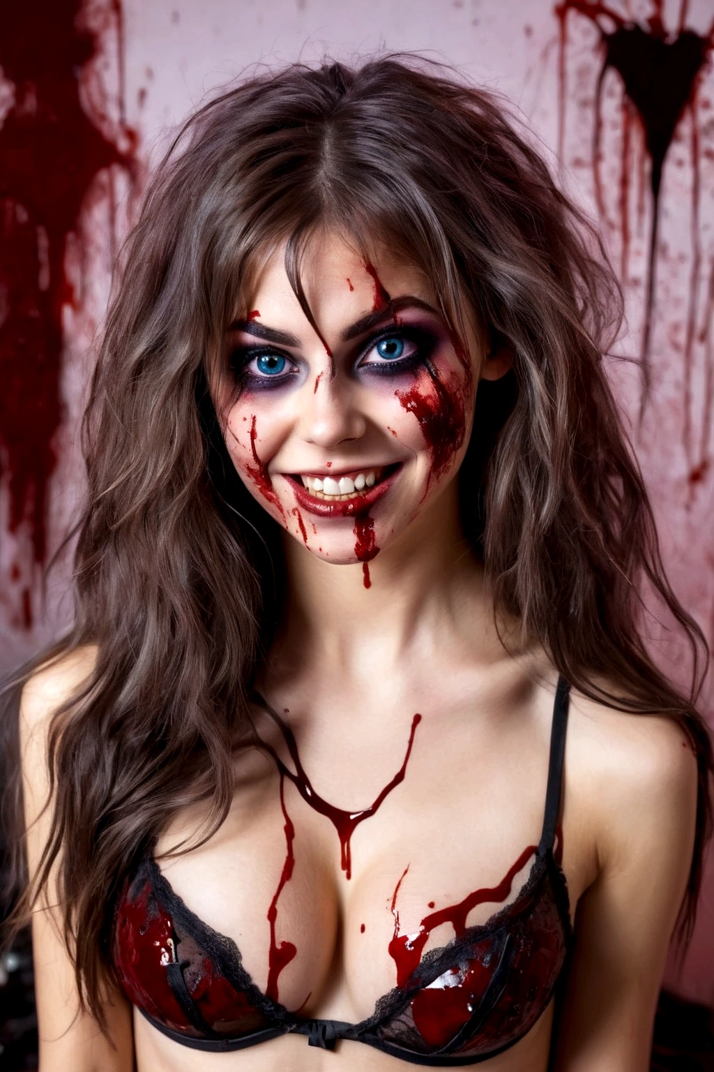(age 25) a psychotic psyco ex girlfriend (crazy makeup, long messy hair, strappy tattered lingerie, curved lips, smile teeth showing, vibrant enlarged pupils crazy eyes, eyelids fully opened, blood spattered bedroom, blood splattered over body, bood splattered on lingerie,