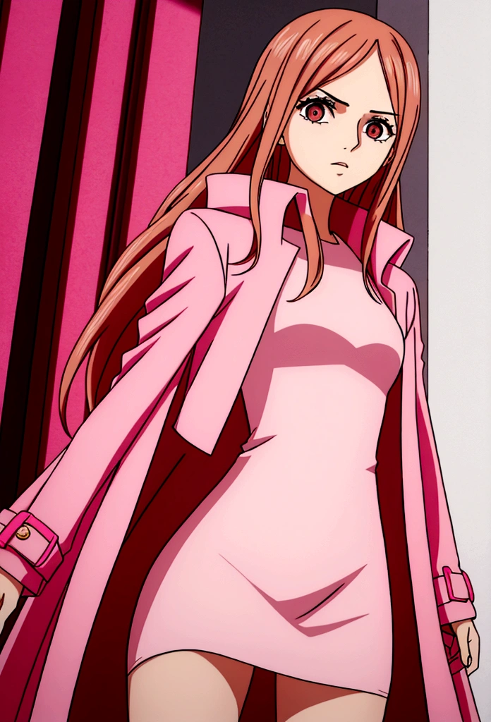 young woman, pink long hair, light brown eyes, wearing a short bodycon dress and a pink coat