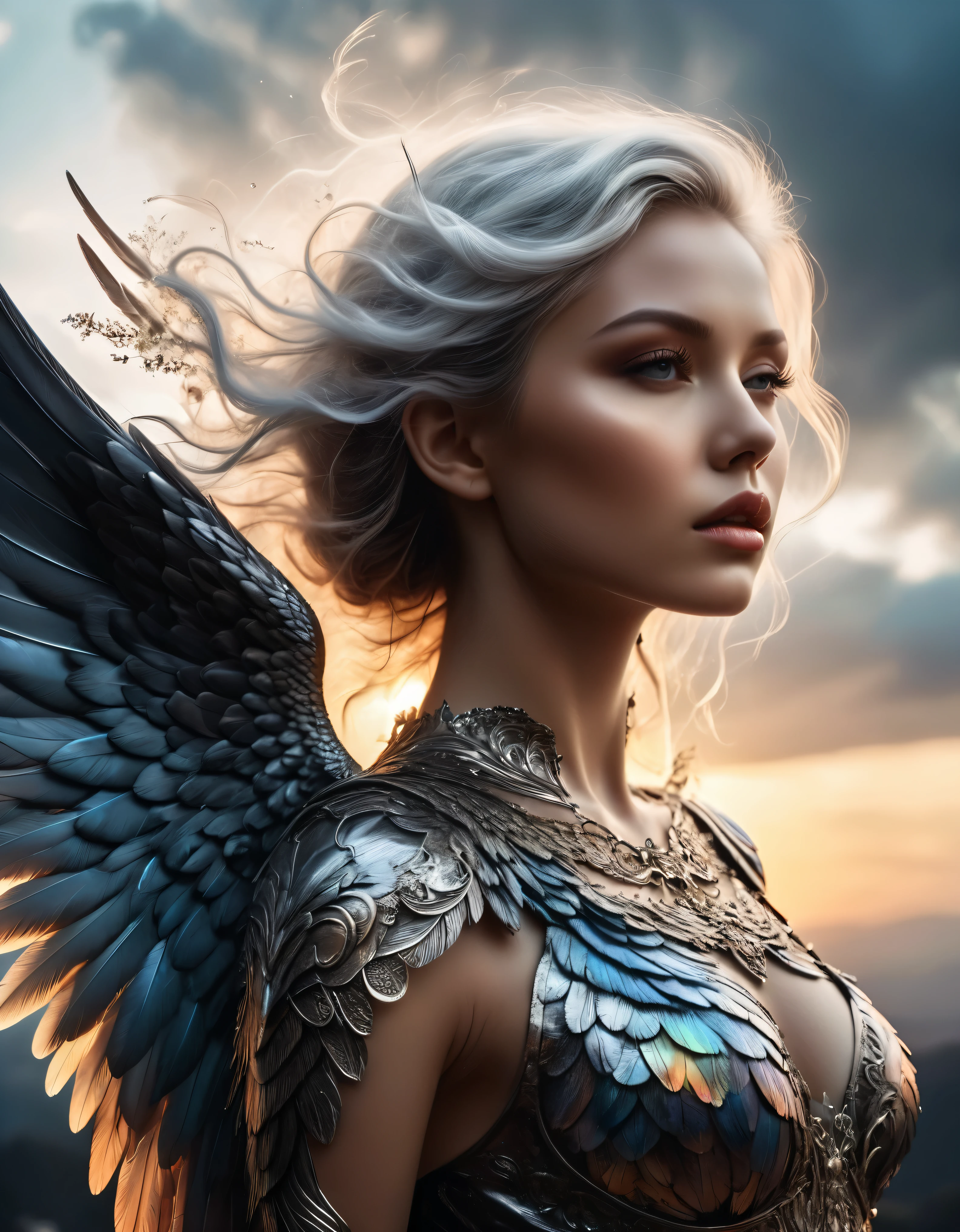 ((Masterpiece in maximum 16K resolution):1.6),((soft_color_photograpy:)1.5), ((Ultra-Detailed):1.4),((Movie-like still images and dynamic angles):1.3) | ((double contact):1.3), ((Majestic Silver Angel silhoutte effect):1.2), ((Superimposed on Pretty Female):1.1), ((holy heaven sky)), Oil and ink on canvas, fine dark art, super dramatic light, photoillustration, amazing depth, the ultra-detailed, iridescent black, superfluous dreams, intricately details, amazing depth, Amazing atmosphere, Mesmerizing whimsical vibrant landscapes, ((Majestic Angel Wing):1.2), Maximalism ((beautiful outside, Ugly inside, pressure and pain, beauty and despair, hard and soft, positive and negative, hot and cold, Sweet and sour, Vibrant but boring, Perfect harmony, light and shadows, old and young, Black and white, Corresponding color, loud and quiet, Chaos and peace, life and death):1.2) The complex masterpiece of a real-time engineering leader. | Rendered in ultra-high definition with UHD and retina quality, this masterpiece ensures anatomical correctness and textured skin with super detail. With a focus on high quality and accuracy, this award-winning portrayal captures every nuance in stunning 16k resolution, immersing viewers in its lifelike depiction. | ((perfect_composition, perfect_design, perfect_layout, perfect_detail, ultra_detailed)), ((enhance_all, fix_everything)), More Detail, Enhance.