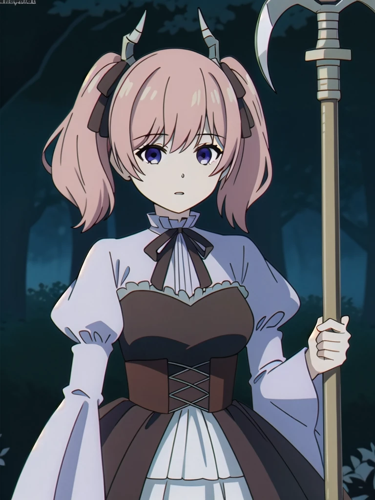 (((Best quality))),((Ultra-detailed)),((illustration)),((Disheveled hair)),((frilld)),(1 girl),
1girl,axe,bangs,battle axe,black dress,black ribbon,breasts,corset,demon horns,dress,eyebrows visible through hair,frills,gothic lolita,hair between eyes,hair ribbon,holding,holding axe,holding scythe,holding weapon,horns,juliet sleeves,long hair,long sleeves,looking at viewer,medium breasts,neck ribbon,parted lips,puffy sleeves,purple eyes ribbon,scythe,solo,twintails,underbust,upper body,weapon,wide sleeves,
