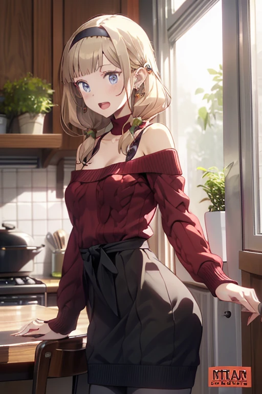 (small breasts:1.2), (perky chest:1.1), (pointed chest:1.0), (hand gun magazine cover:1.3)，(from below:1.2),(from side:0.9),masterpiece, 1girl, Amazing Cleavage:1.1, thin waist, big ass, Raised sexy, small breast: 1.2, posed cleavage:1.2、solo, open mouth, have a cute grass of cute beergrass,black hair, dark green eyes, dress, bare shoulders, jewelry, collarbone, sidelocks, hairband, earrings, indoors, off shoulder, sweater, arms behind back, plant, short hair with long locks, gild hairband, sweater dress:1.2, off-shoulder sweater, red sweater, dark gord hair, big side hair, very long side hair,is rendered in (masterpiece: 1.2, best quality), with (ultra high resolution) and an exquisite (depth of field). This masterpiece is not only visually stunning but also tells,A scene of cooking in the kitchen by classroom ,looking at viewer,
