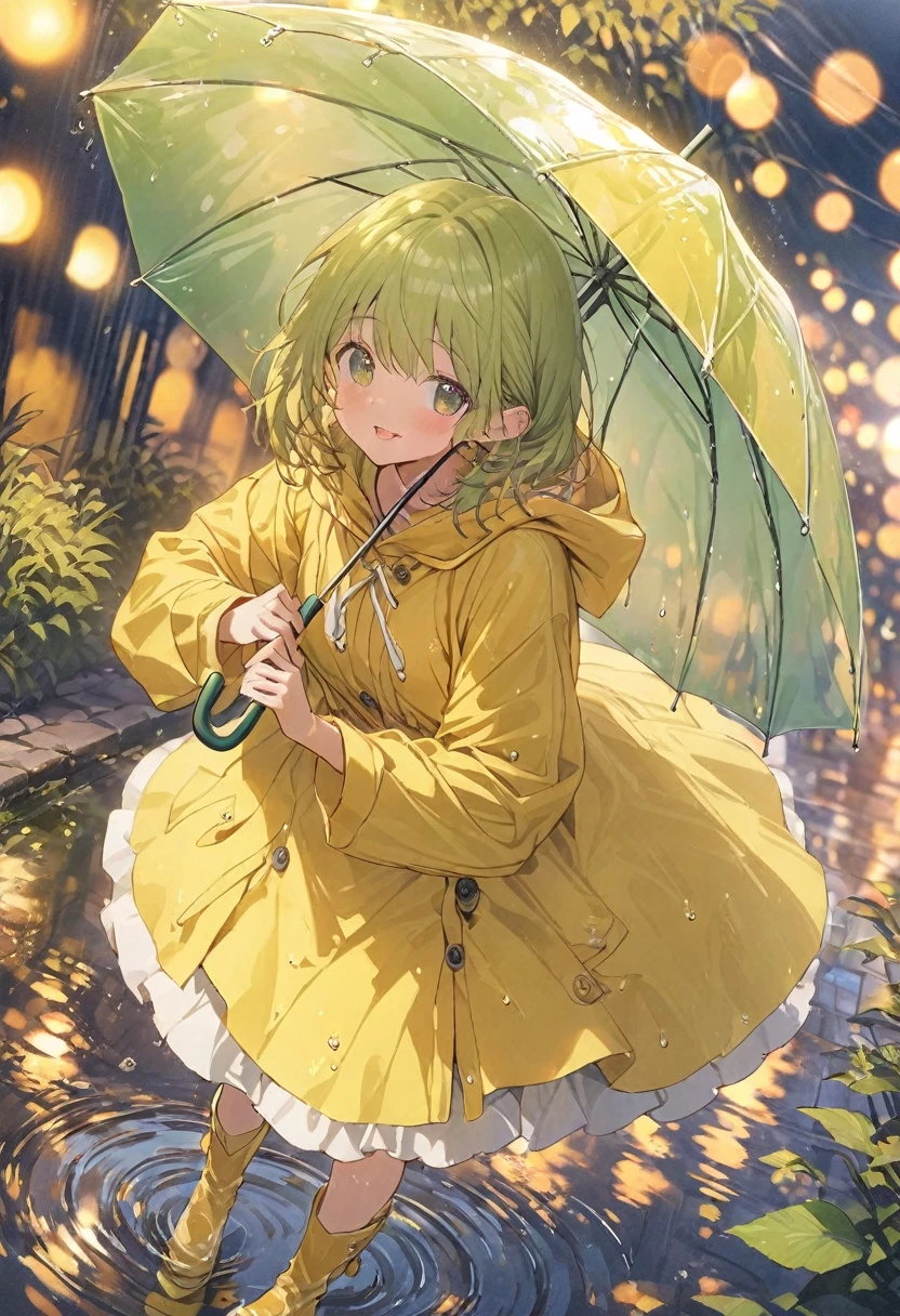 noon、rain、bright、Cute holding a green translucent umbrella、Wearing yellow boots、Wearing a yellow raincoat、A happy look、Illustrations with depth、Bokeh、high resolution、Masterpiece、High definition、Puddle