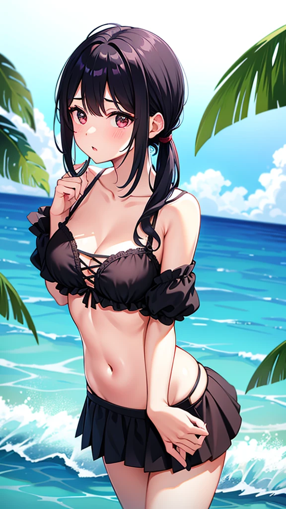 Black-haired girl with her hair tied back、summerの赤と白の浴衣、cool off、cool breeze、summer、