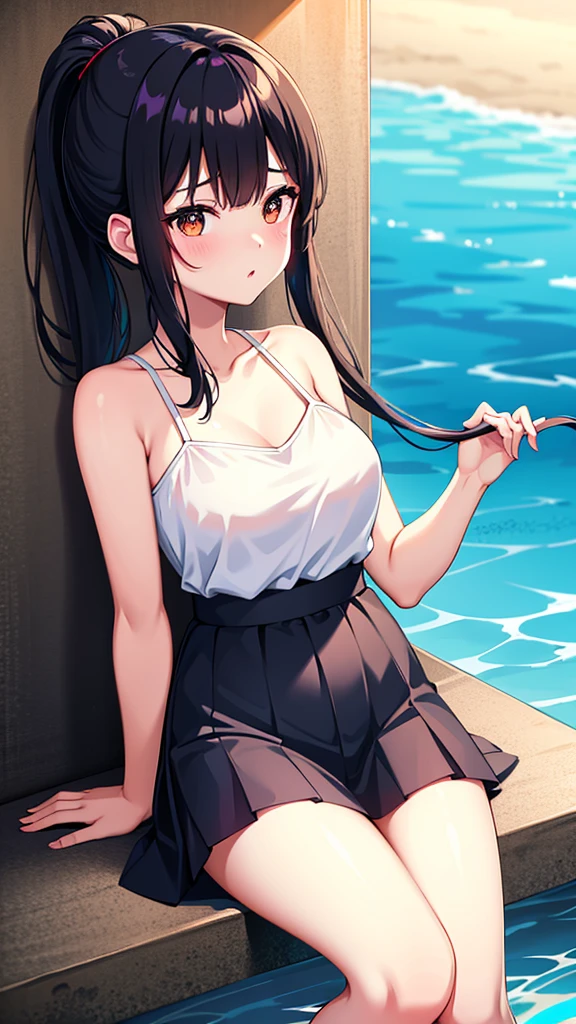 Black-haired girl with her hair tied back、summerの赤と白の浴衣、cool off、cool breeze、summer、