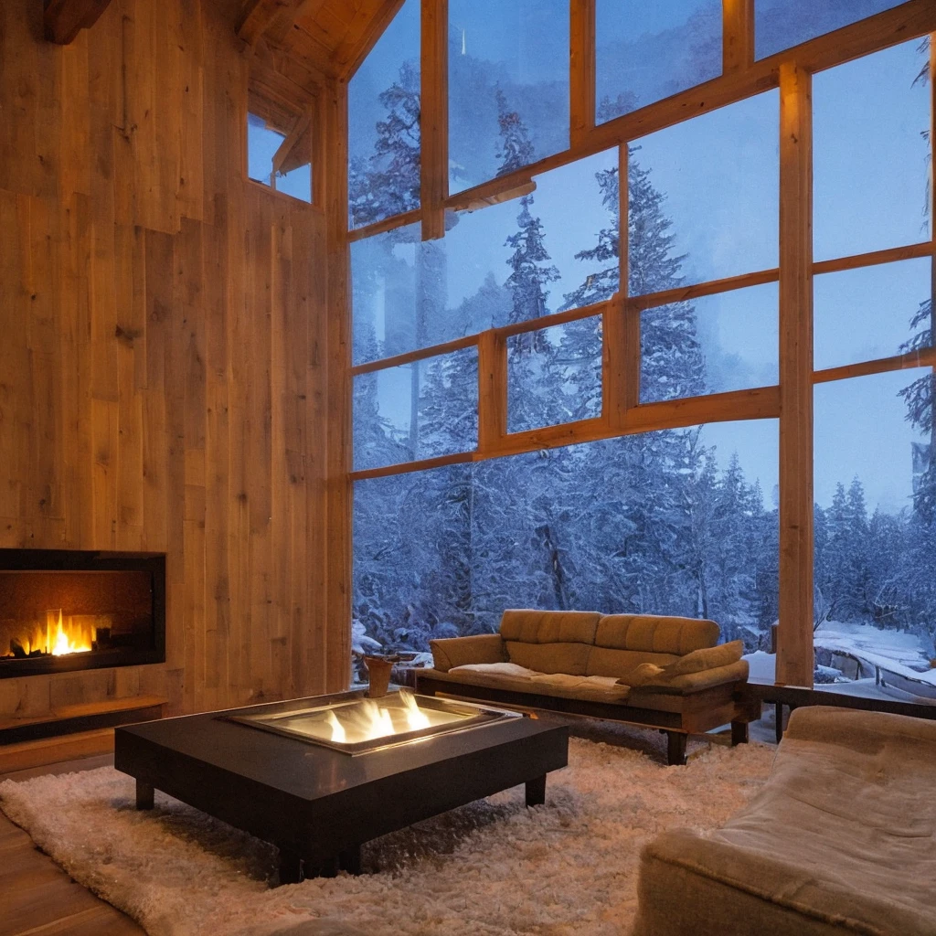開放的なリビングから見るNight view、Aurora、fireplace、All the walls are glass、Night view、snow