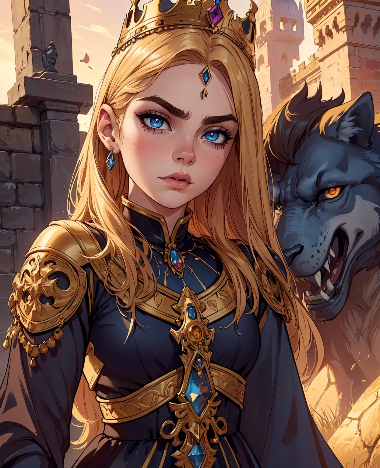 1girl, cara delevingne, medieval princess, elegant long dress, crown, ornate jewelry, detailed face, detailed eyes, detailed lips, flowing hair, intricate headdress, castle background, golden hour lighting, dramatic lighting, cinematic composition, fantasy, digital painting, (best quality,4k,8k,highres,masterpiece:1.2),ultra-detailed,(realistic,photorealistic,photo-realistic:1.37),cinematic lighting,dramatic colors,vibrant colors,rich textures,ornate details