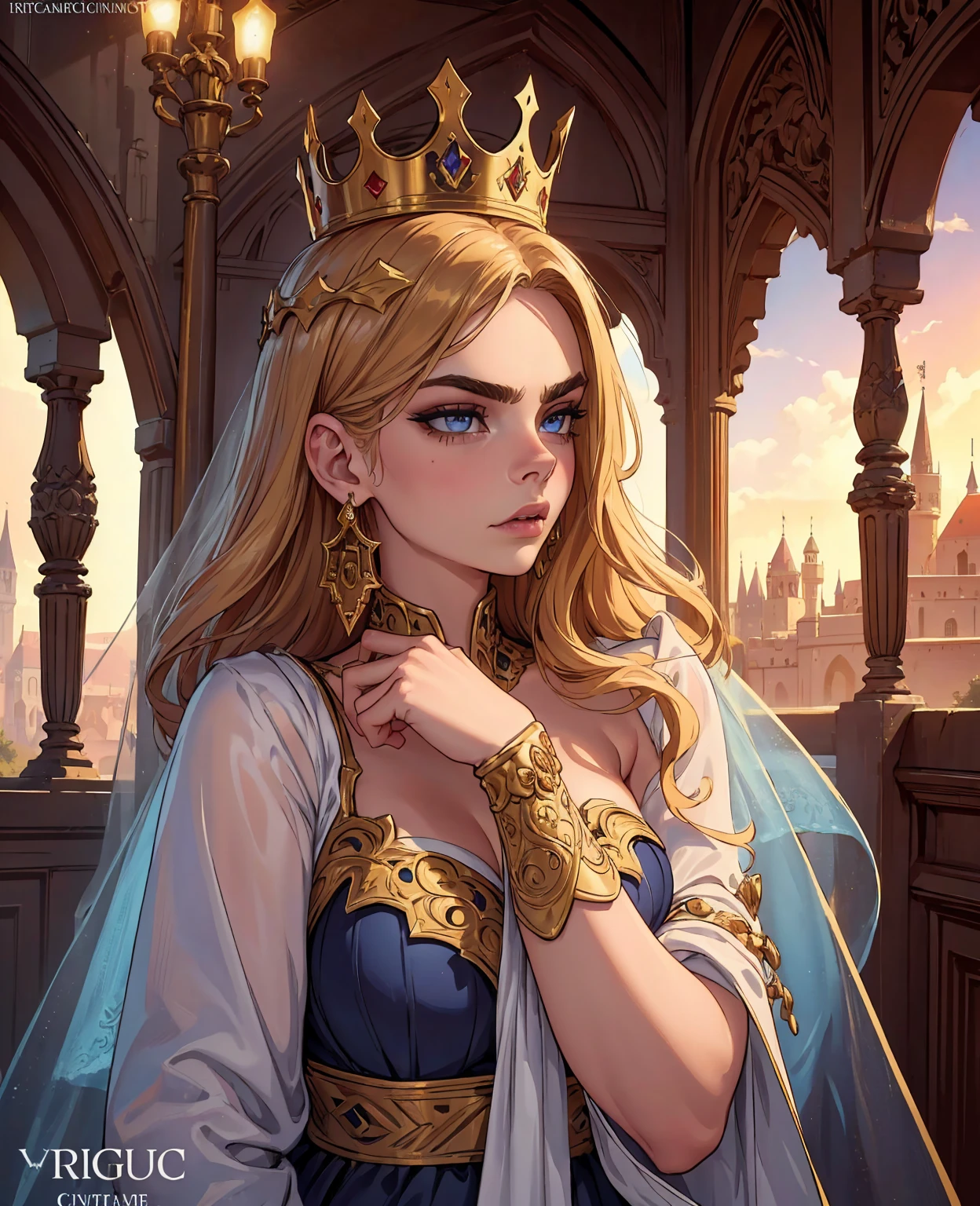 1girl, cara delevingne, medieval princess, elegant long dress, crown, ornate jewelry, detailed face, detailed eyes, detailed lips, flowing hair, intricate headdress, castle background, golden hour lighting, dramatic lighting, cinematic composition, fantasy, digital painting, (best quality,4k,8k,highres,masterpiece:1.2),ultra-detailed,(realistic,photorealistic,photo-realistic:1.37),cinematic lighting,dramatic colors,vibrant colors,rich textures,ornate details